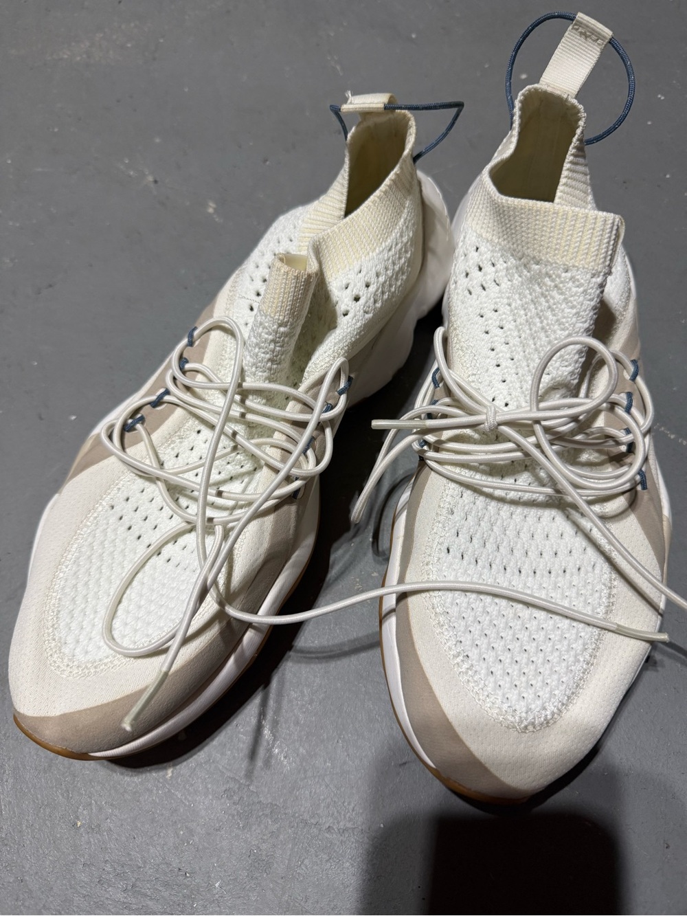 Reebok Men's Knit Sock Sneakers in Cream and Tan with Blue Pull Tabs